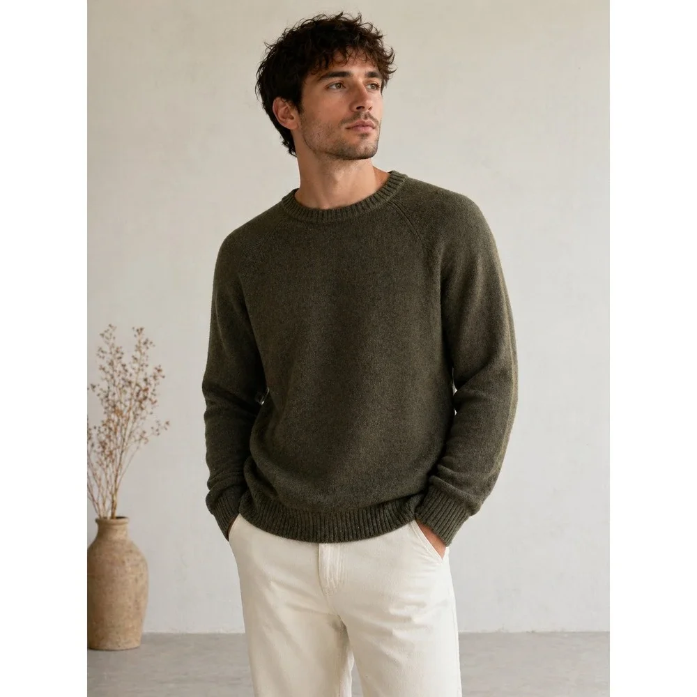 J. Crew Mens XL‎ Olive Green Lambswool Blend Raglan Crewneck Sweater Re-Imagined